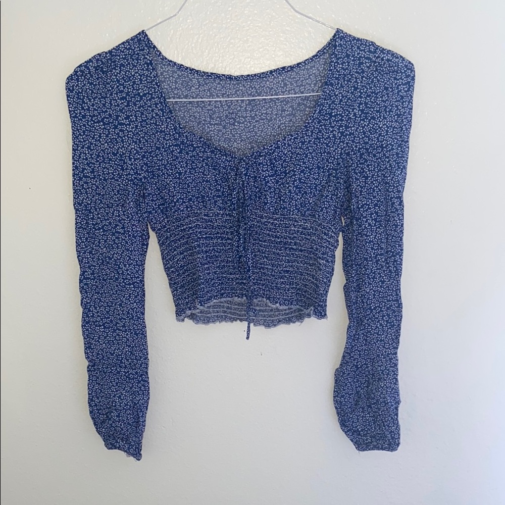 Blue Floral Long Sleeve Tied Cropped Top